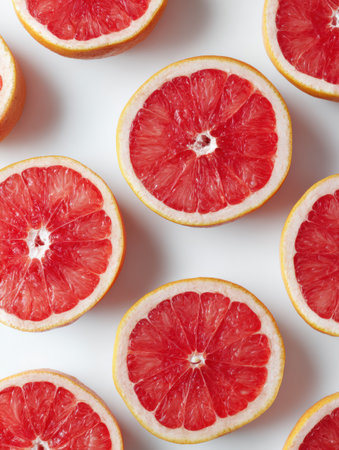 Fresh grapefruit halves are arranged diagonally on a clean white surface, highlighting their bright color and texture with space for extras.の素材