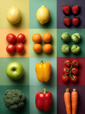 Colorful arrangement of various fruits and vegetables emphasizes healthy eating in a visually appealing grid, highlighting the benefits of fresh produce.の素材