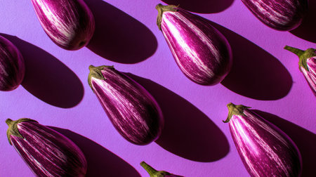 Eggplants are displayed in a zigzag pattern, casting striking neon shadows on a vivid purple background, creating an abstract composition full of colors.の素材
