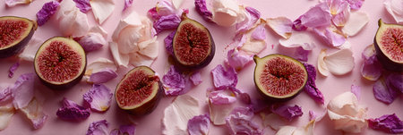 Delicate edible flower petals surround fresh figs, creating a romantic and visually stunning arrangement perfect for a special occasion or intimate gathering.の素材