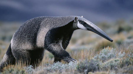 Giant anteater moves gracefully through a grassy area, showing its long snout and unique fur patterns as the sun sets in the background.の素材