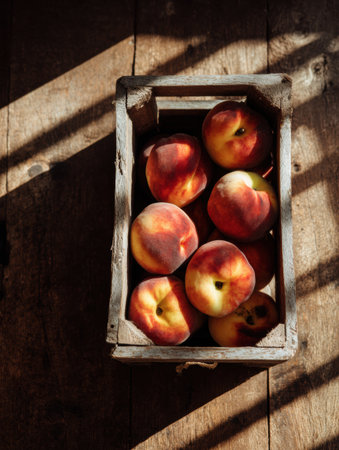 A wooden crate holds fresh peaches, bathed in gentle natural light, with shadows casting a warm ambiance over the rustic scene.の素材