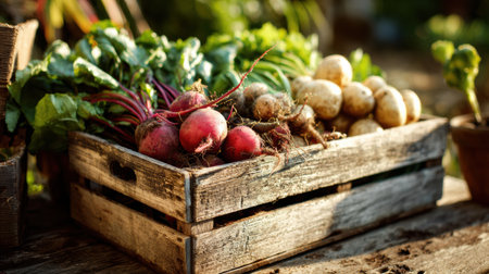 A crate of freshly picked vegetables displays radishes, potatoes, and greens illuminated by the soft glow of the morning sun.の素材