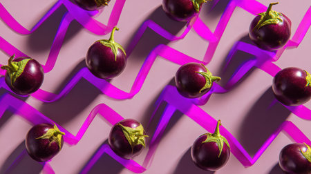 Eggplants are arranged in a mesmerizing zigzag pattern with neon shadows, showcasing vibrant colors and a clean, modern aesthetic for creative inspiration.の素材