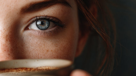 Sharing a meaningful moment over coffee, a person gazes intensely, creating an intimate atmosphere in a softly muted background.の素材