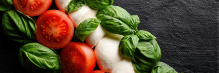 Fresh basil leaves, ripe tomatoes, and creamy mozzarella arranged diagonally create a beautiful culinary display, highlighting natural colors and textures.の素材