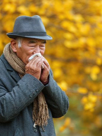 An elderly man stands in a serene park, covering his mouth with a tissue amid bright autumn foliage. The scene reflects a tranquil moment in nature.の素材