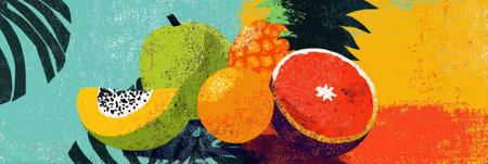 Colorful flat representation showcases various tropical fruits highlighted by unique textures, offering a refreshing and artistic appeal.の素材