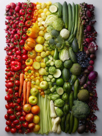 An array of fruits and vegetables is systematically organized to create a rainbow gradient from red to purple, highlighting freshness and color diversity.の素材