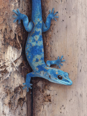 An electric blue gecko clings to textured driftwood, displaying piercing colors against a soft pastel backdrop, highlighting its unique and vibrant features.の素材