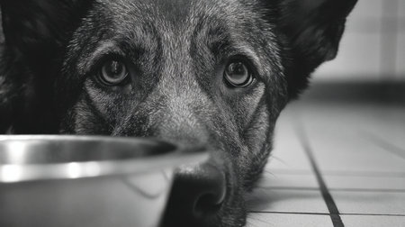 A dog looks at its reflection in a stainless bowl, lying on the floor with a blurred background, illustrating calmness and focus in a cozy environment.の素材