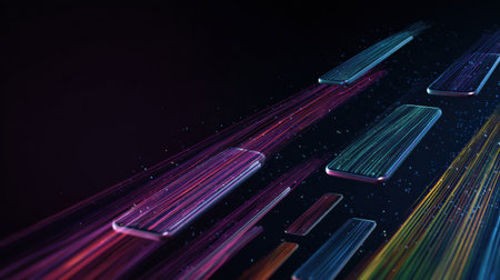 Dynamic lines illustrate direct messages flowing between smartphones against a dark tech backdrop, showcasing modern digital communication in action.の素材