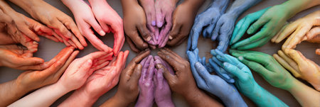 Colorful hands unite to form a heart, symbolizing pride, inclusivity, and community spirit in a joyful gathering.の素材