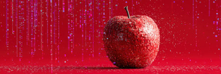 A red apple displays a pixel glitch effect, creating an artistic vibe. The background is vivid red, with ample space for text above the apple.の素材