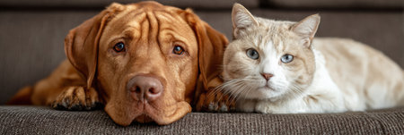 A friendly dog and a curious cat rest together on a clinic sofa, waiting for their turn during a veterinary appointment, showcasing their bond.の素材