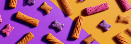 Brightly colored pet treats scatter across a striking background, inviting pet owners to indulge their pets with fun and flavorful snacks.の素材