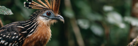 Hoatzin bird displays wild feathers while resting amidst tropical greenery, showing unique plumage and characteristics in its natural environment.の素材