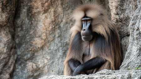 Gelada baboon displays a serious expression while sitting on rocky terrain in its natural environment, showcasing unique features and demeanor.の素材