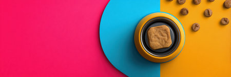 A central pet treat rests in a bowl on a bold colored background, surrounded by smaller pieces of kibble, creating a vibrant and eye-catching presentation.の素材