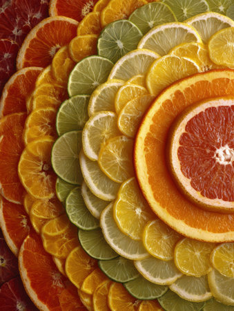 Citrus fruit cross-sections are displayed artistically in concentric circles, showing bright colors and intricate patterns, with a clean upper background.の素材