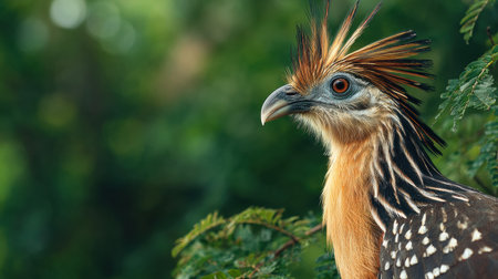 A hoatzin bird displays its striking wild feathers while perched among lush tropical greenery, blending beautifully into its vibrant environment.の素材