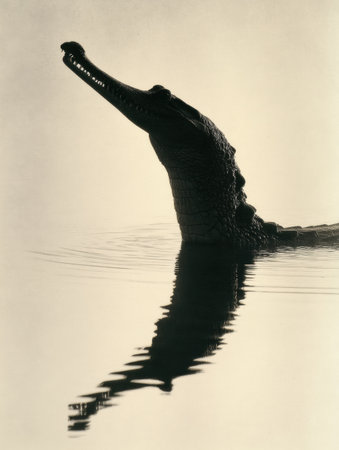 Gharial surfaces in a river, showcasing its sharp snout silhouette against the tranquil water at dusk, while the left side remains unobscured and empty.の素材
