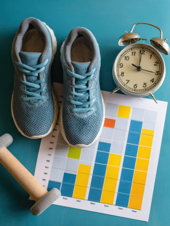 Fitness goals are highlighted on a progress chart paired with athletic sneakers, a vintage clock, and a dumbbell on a blue surface.の素材