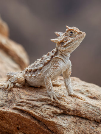 Horned lizard rests on a rugged desert rock, showcasing its sharp textures while basking in the warm sun against a distant backdrop.の素材