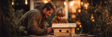 Father and child share a bonding moment as they carefully build a birdhouse, immersed in the warm glow of ambient side lighting outdoors at duskの素材