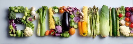 Fresh vegetables are creatively arranged to spell the word health, showcasing a variety of colors and textures against a clear background.の素材