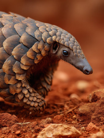Indian pangolin moves cautiously across the reddish soil, showing its unique scales with minimal background distractions, highlighting its natural behavior.の素材