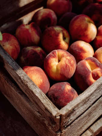 A rustic wooden crate holds a bountiful selection of fresh peaches, bathed in soft natural light with an untouched space in the top left corner.の素材