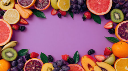 Fresh fruits create a lively border suitable for social media posts, enhancing engagement with its colorful and inviting layout against a purple backdrop.の素材