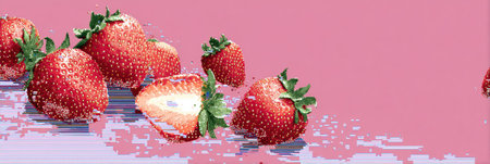 Colorful pixel-style strawberries float against a glitchy background, showcasing a blend of digital art and playful themes with open space at the top.の素材
