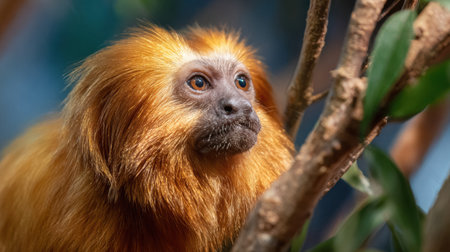 Golden lion tamarin clings to a branch surrounded by lush greenery as soft light illuminates its striking golden fur in a tranquil environmentの素材