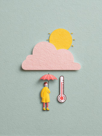A person stands with an umbrella beneath a weather icon displaying a thermometer, set against a soft pastel background, depicting a sunny atmosphere.の素材