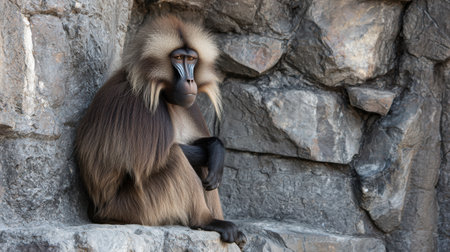Gelada baboon sits still with a serious face against a rocky background, creating a calm and contemplative atmosphere in the wild.の素材