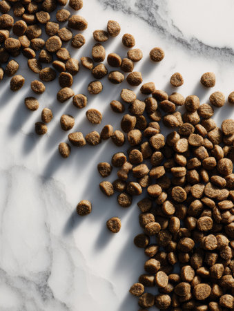 Kibble appears artistically scattered on a smooth marble surface, showing its shape and texture while highlighting cleanliness and simplicity.の素材