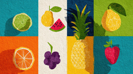 Flat design showing an assortment of tropical fruits against a colorful backdrop, highlighting their textures and shapes in a playful arrangement.の素材