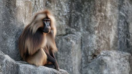 A gelada baboon sits with a serious expression on rocky terrain, showing its unique features and serene demeanor in the wild.の素材