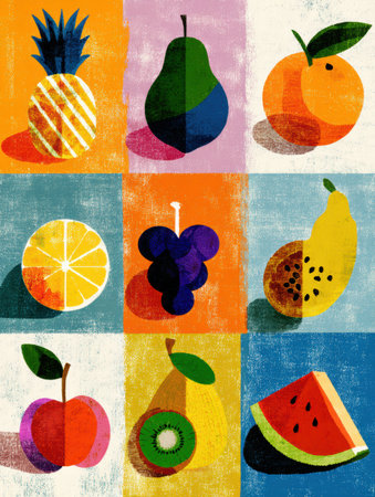 Colorful tropical fruit icons arranged in a flat style with a texture overlay, showing a variety of fruits on a vibrant background.の素材