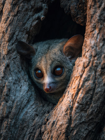 A galago, known as a bush baby, observes its surroundings from a tree hollow at dusk, showing its large eyes and soft fur, blending with the tree bark.の素材