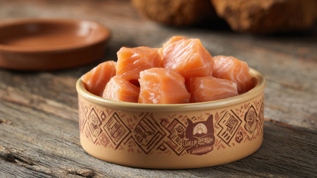 Fresh salmon chunks are presented in a pet bowl, positioned on a rustic wooden surface with branding elements blurred and top left empty.の素材