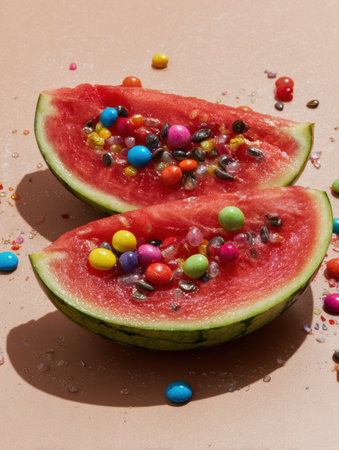 Bright watermelon halves are filled with colorful candy-like seeds, creating a playful and eye-catching arrangement, perfect for summer treats.の素材
