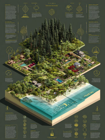 Discover a vibrant forest infographic layout that showcases nature and wellness zones, emphasizing relaxation and connection with the outdoors.の素材