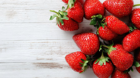 Plump, vibrant strawberries are scattered across a light wooden surface, creating a fresh and inviting look perfect for culinary uses or healthy snacking.の素材