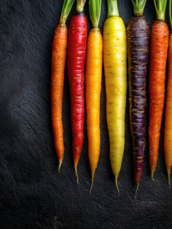 High contrast arrangement of colorful carrots on a dark slate background highlights the freshness and variety of this vegetable display.の素材