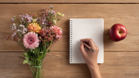 Brightly arranged teachers desk showcases a notebook, pen, apple, and flowers with an inviting atmosphere ideal for creative planning or lessonsの素材