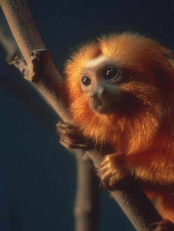 Golden lion tamarin clings tightly to a branch under glowing light, highlighting its striking orange fur and curious gaze in a serene habitat settingの素材