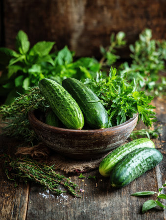 A collection of fresh cucumbers and vibrant herbs sits in a rustic kitchen, ready for use in cooking or as a beautiful natural decorationの素材